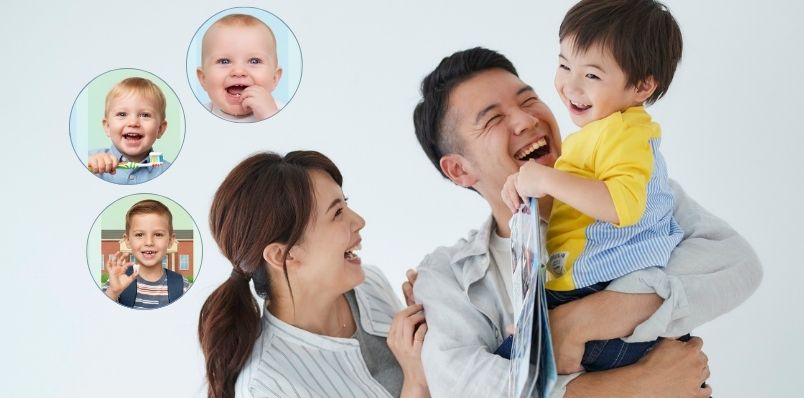 Family enjoying quality time, smiling and laughing together, with images of children showcasing dental milestones in the background, highlighting the importance of oral health for kids.