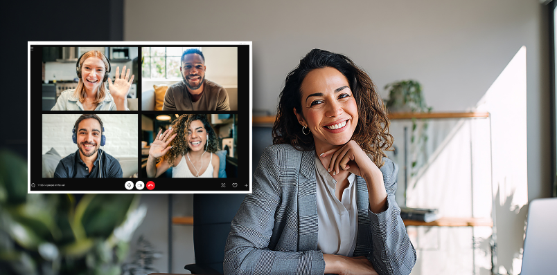 Smiling woman in a professional setting, with a video call display featuring four participants, illustrating the transition from awkward Zoom calls to confident smiles, relevant to adult braces in remote work.