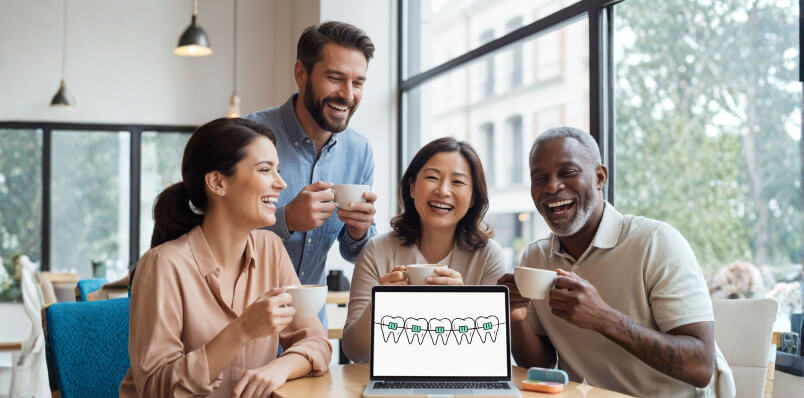 Adults smiling together while viewing braces treatment options at an orthodontic office in Mount Kisco