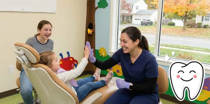 Child giving high-five to dentist during appointment at Dentistry for Children Mount Kisco Pediatric Dental Center